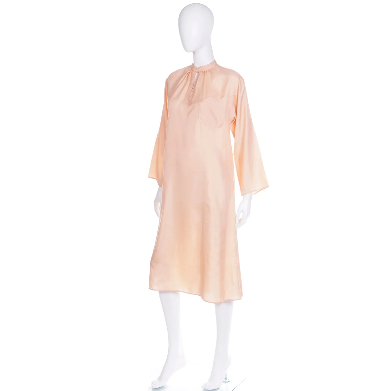 1970s Vintage Peach Day Dress With Band Collar & Rolled Tab Sleeves