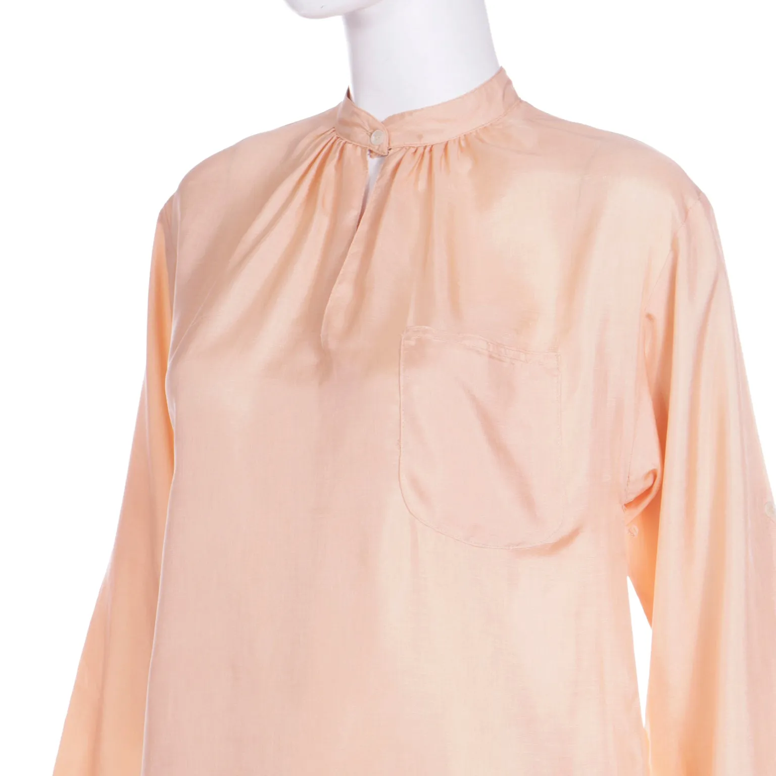 1970s Vintage Peach Day Dress With Band Collar & Rolled Tab Sleeves