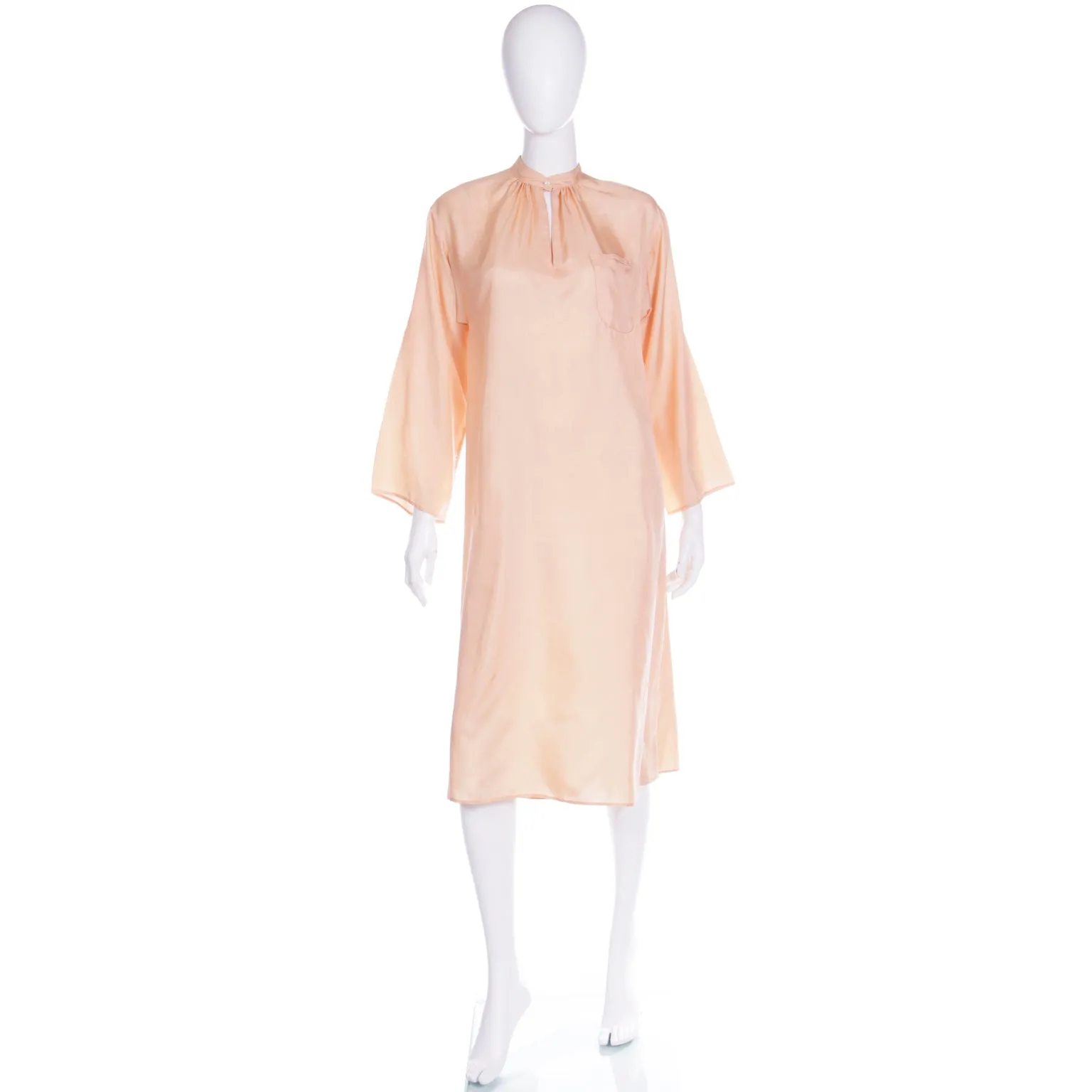 1970s Vintage Peach Day Dress With Band Collar & Rolled Tab Sleeves