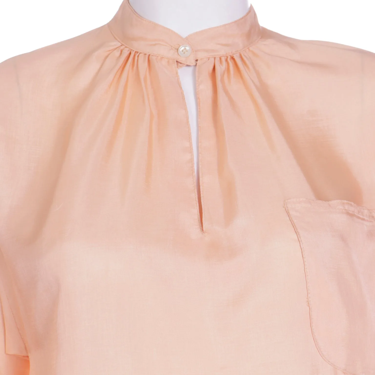 1970s Vintage Peach Day Dress With Band Collar & Rolled Tab Sleeves