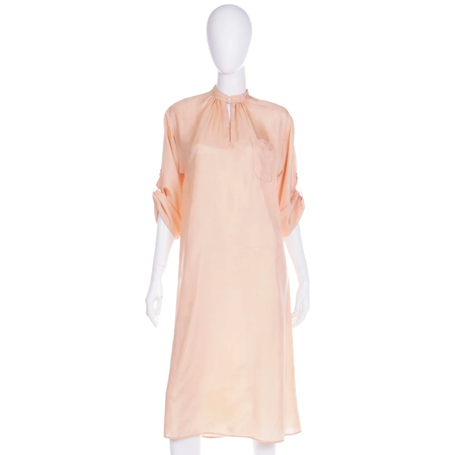 1970s Vintage Peach Day Dress With Band Collar & Rolled Tab Sleeves