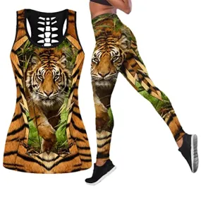 3D Tiger Print Tank Women Two Piece Yoga Set Sport Fitness Vest Hollow Tank Top Legging Quick Dry Set