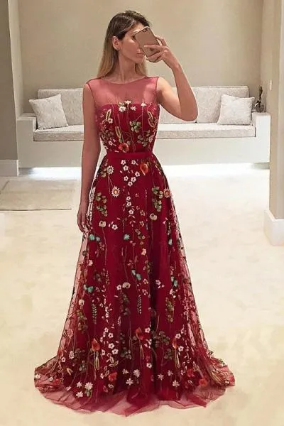 A-Line Bateau Burgundy Floral Lace Long Prom Dresses Straps Party Dresses WK735