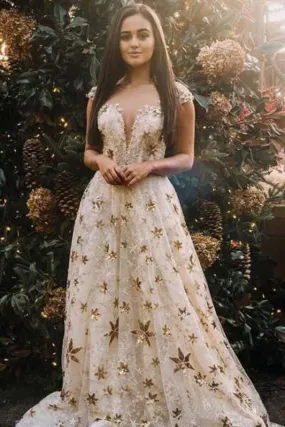 A Line Cap Sleeve Long Lace Dresses With Gold Stars Sheer Neck Prom Gown