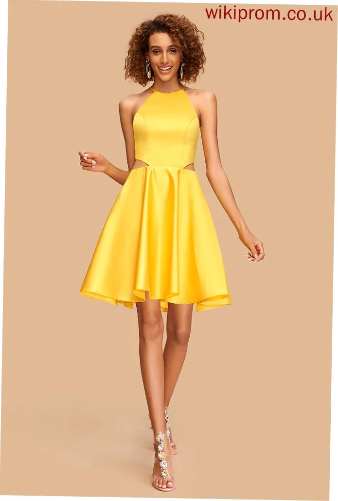 A-Line Scoop Neck Dress Short/Mini Homecoming Tori Homecoming Dresses Satin