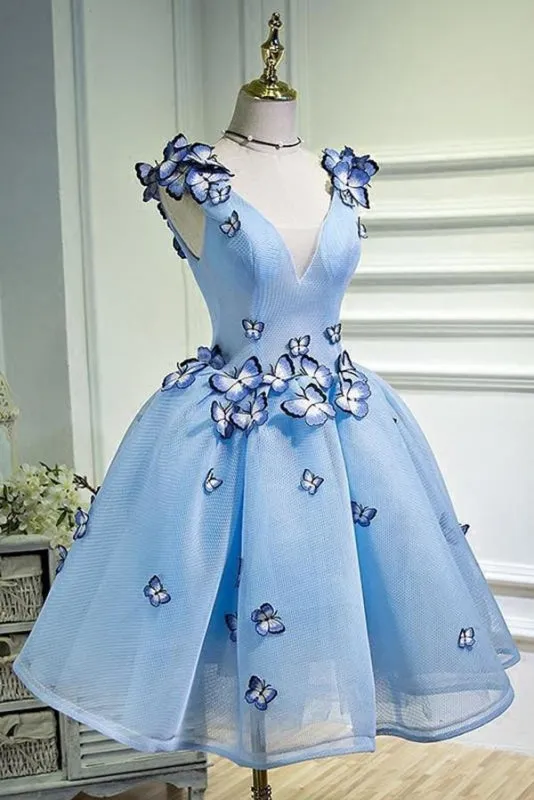 A Line Sky Blue V Neck Sleeveless Junior Homecoming Dress with Butterfly Flowers