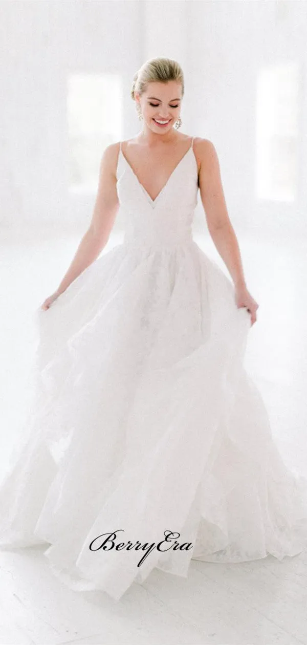 A-line Tulle Lace Wedding Dresses, Straps Backless Wedding Dresses