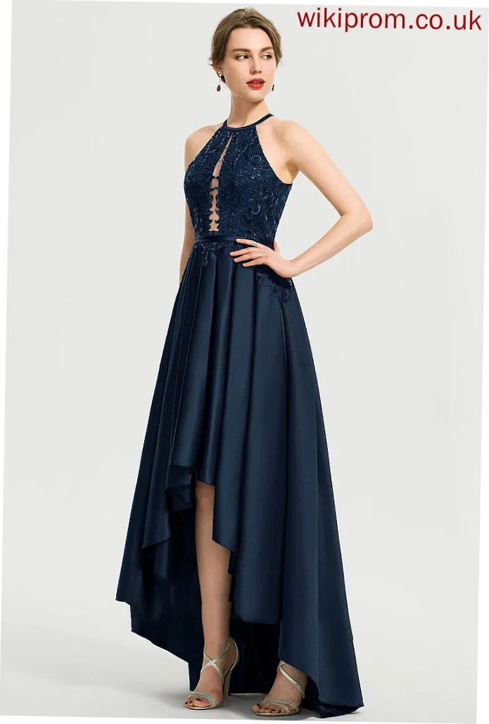 Asymmetrical Neck A-Line With Sequins Shyann Scoop Satin Prom Dresses