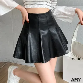 Autumn Winter Leather Pleated High Waist Sexy Black Club Wear Skirt