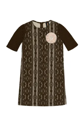 Brown Crochet Lace Elbow Sleeve Shift Party Cocktail Dress - Girls