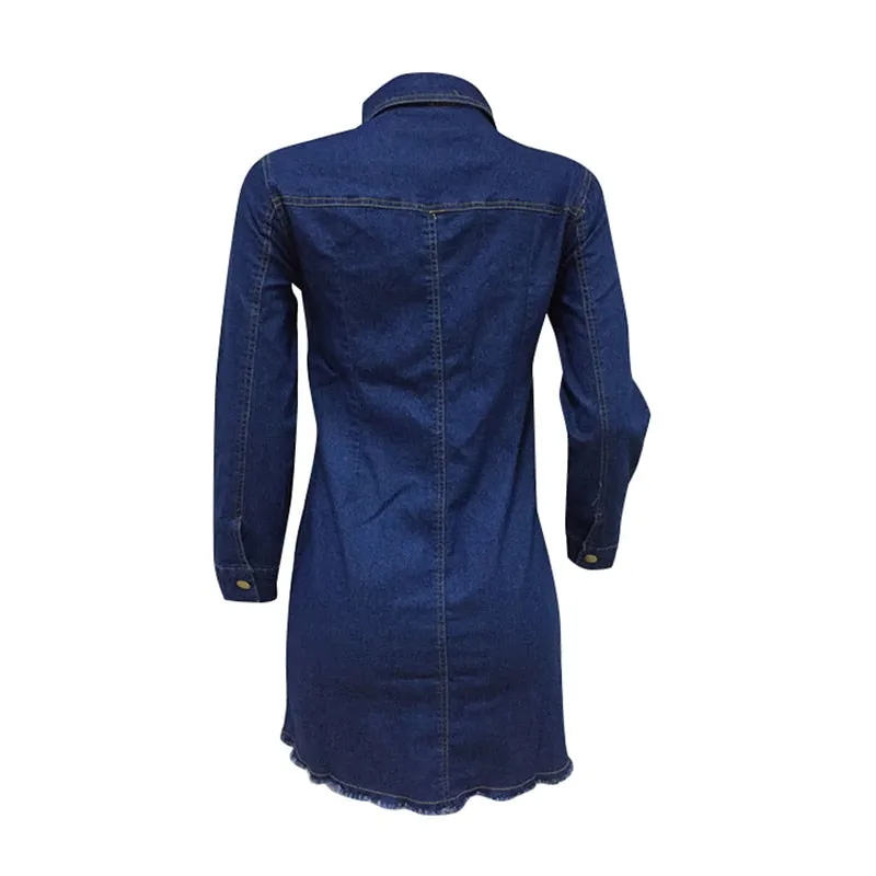 Button Up Turn Down Collar Long Sleeve Ripped Denim Mini Dress