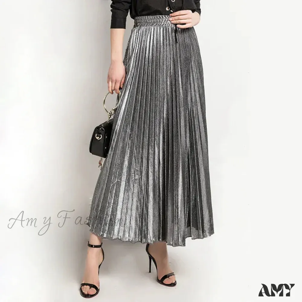 Check Pleated Maxi High Waist Large Swing Gold Long Skirt