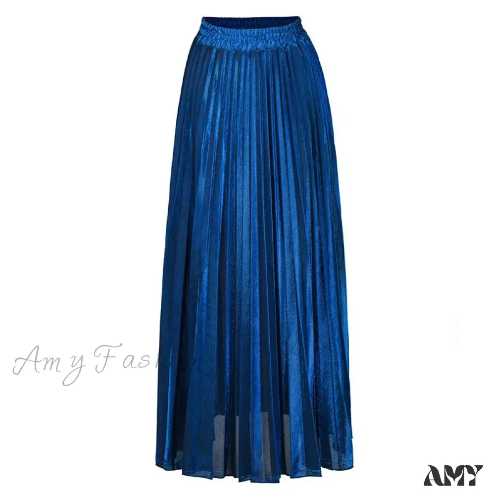 Check Pleated Maxi High Waist Large Swing Gold Long Skirt