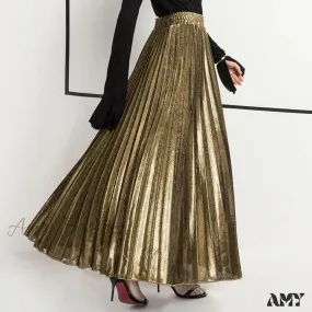 Check Pleated Maxi High Waist Large Swing Gold Long Skirt