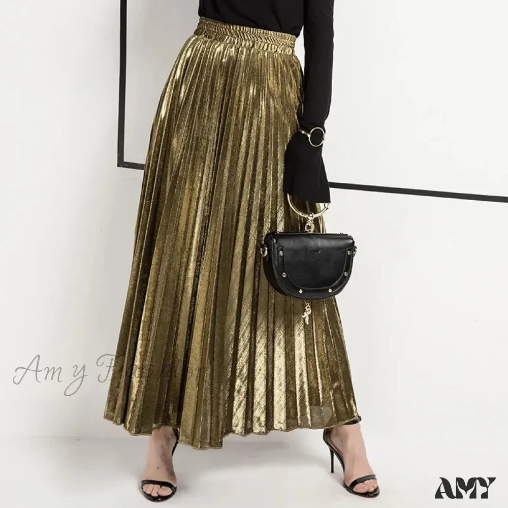 Check Pleated Maxi High Waist Large Swing Gold Long Skirt