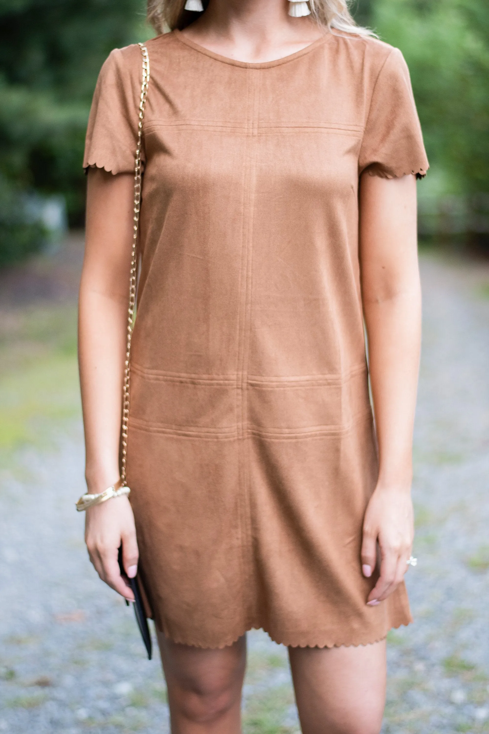 Claim To Fame Camel Brown Faux Suede Dress