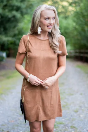 Claim To Fame Camel Brown Faux Suede Dress