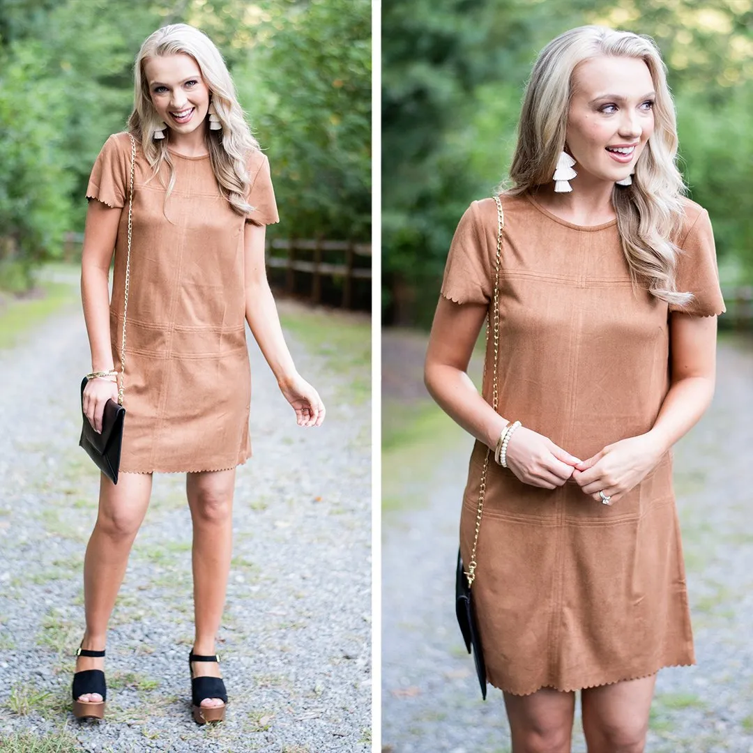 Claim To Fame Camel Brown Faux Suede Dress