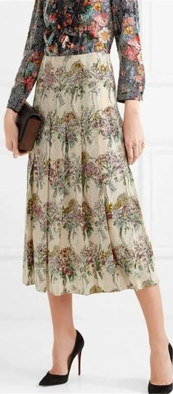 Crystal-Embellished Pleated Printed Skirt