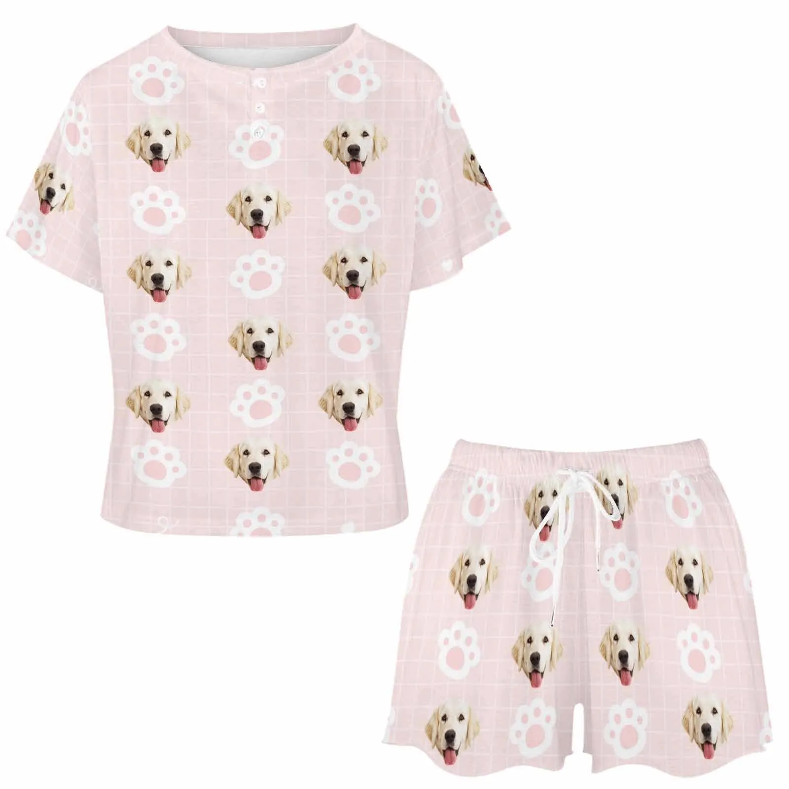 Custom Dog Face Pink Pajama Set Women's Short Sleeve Top and Shorts Loungewear Athletic Tracksuits