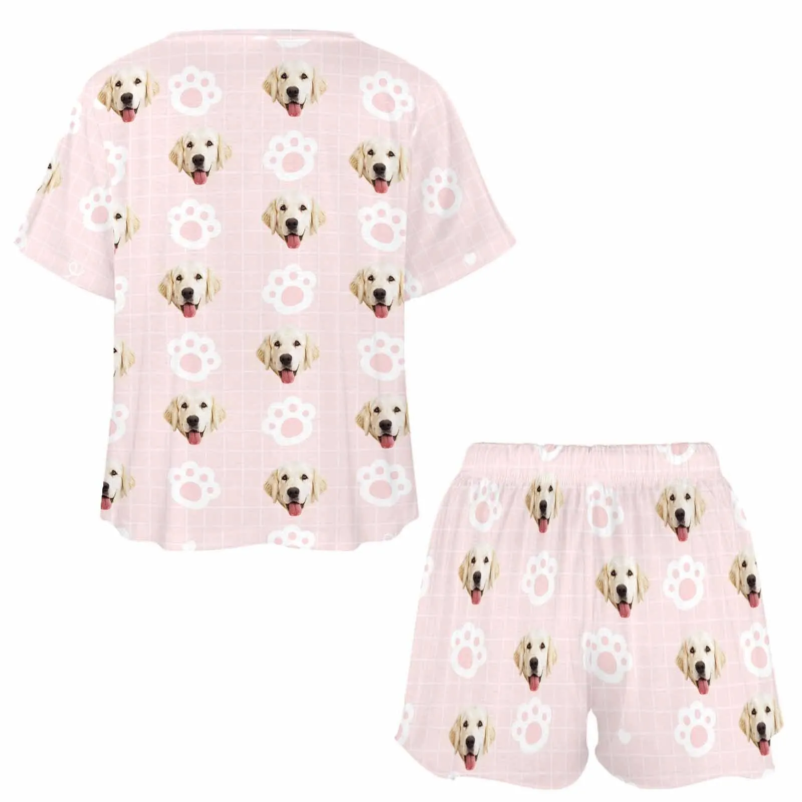 Custom Dog Face Pink Pajama Set Women's Short Sleeve Top and Shorts Loungewear Athletic Tracksuits