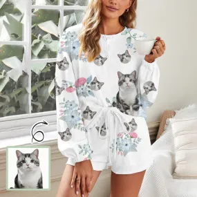 Custom Face Flowers White Women's Pajama Set Long Sleeve Top and Shorts Personalized Loungewear Tracksuits