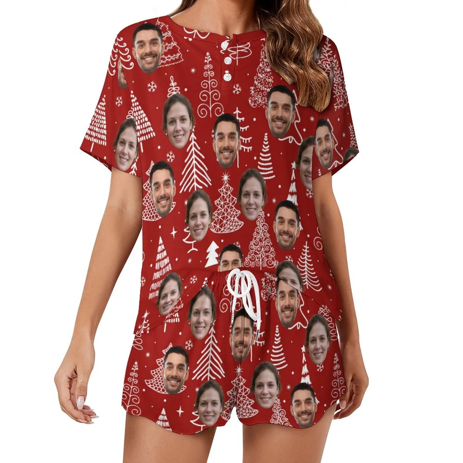 Custom Face Line Christmas Tress Red Print Pajama Set Women's Short Sleeve Top and Shorts Loungewear Athletic Tracksuits