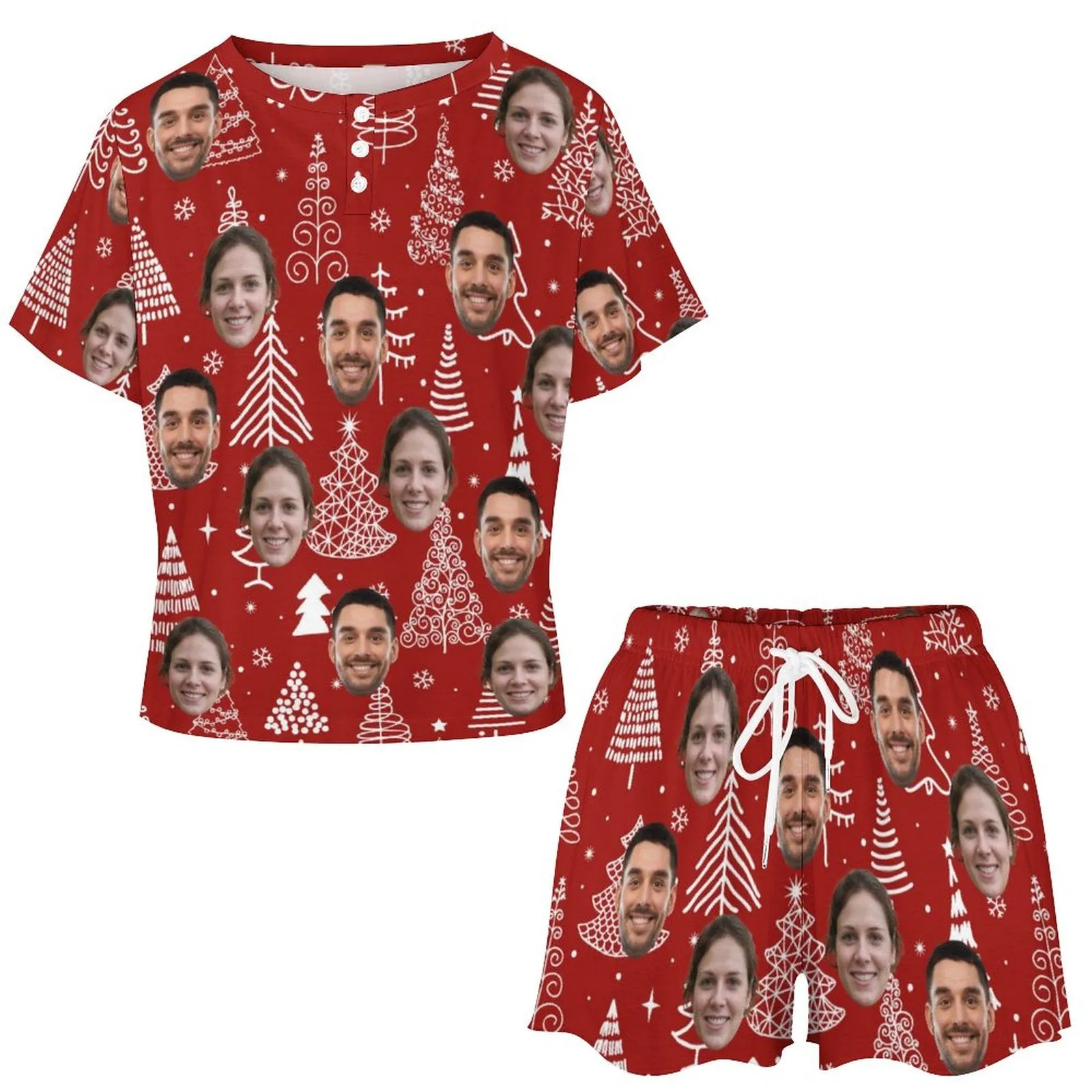 Custom Face Line Christmas Tress Red Print Pajama Set Women's Short Sleeve Top and Shorts Loungewear Athletic Tracksuits