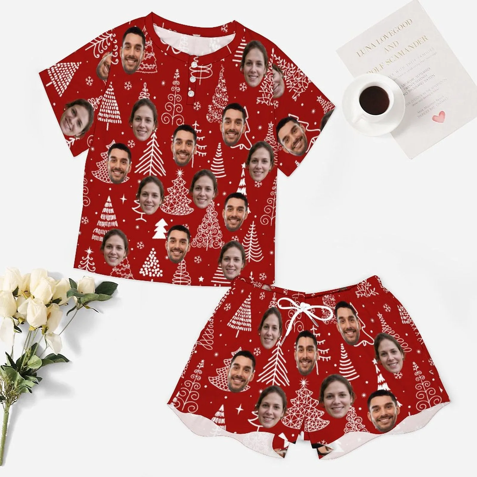 Custom Face Line Christmas Tress Red Print Pajama Set Women's Short Sleeve Top and Shorts Loungewear Athletic Tracksuits