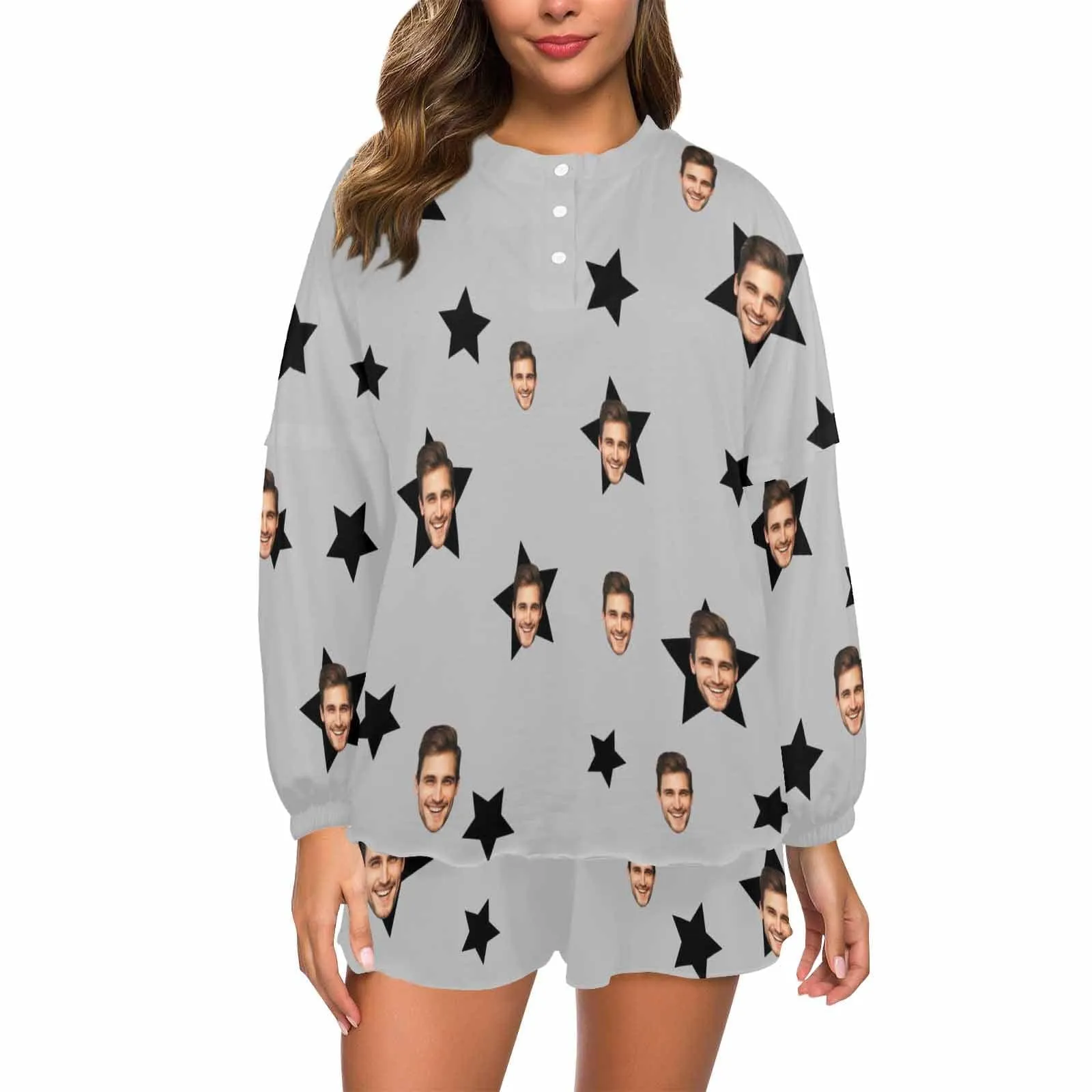 Custom Face Stars Grey Women's Pajama Set Long Sleeve Top and Shorts Personalized Loungewear Tracksuits