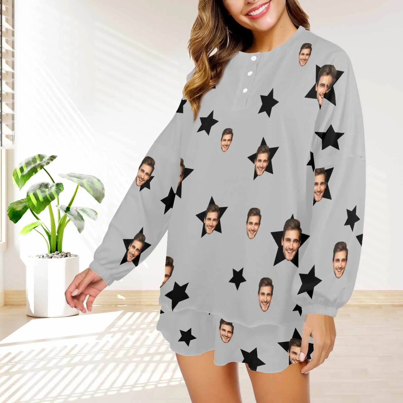 Custom Face Stars Grey Women's Pajama Set Long Sleeve Top and Shorts Personalized Loungewear Tracksuits