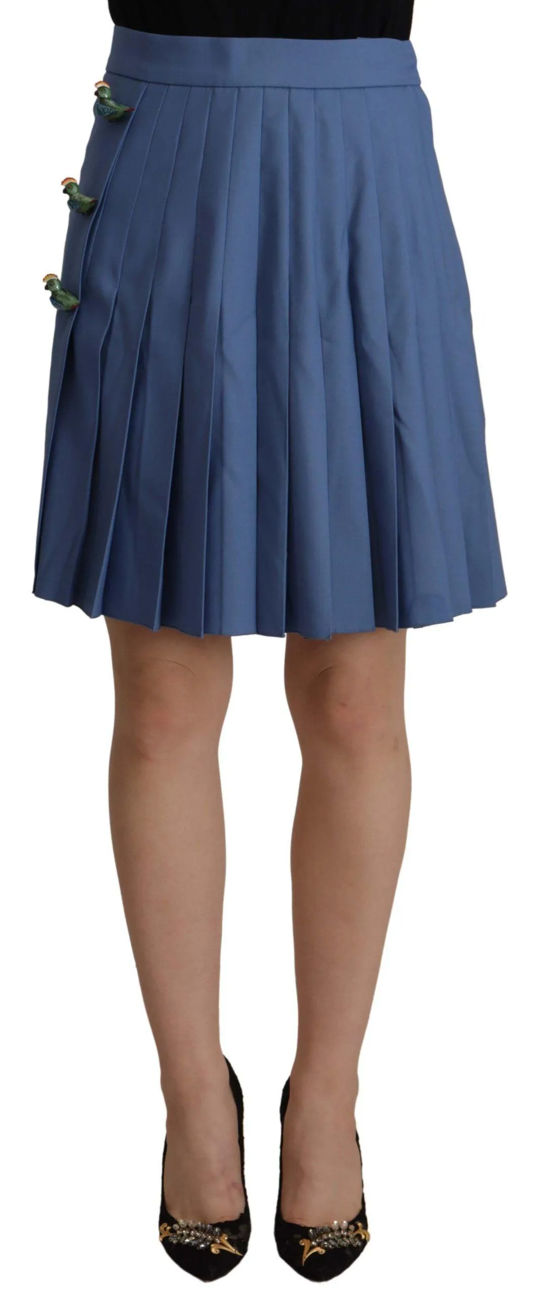 Dolce & Gabbana Blue Embellished Pleated Mini Skirt Wool