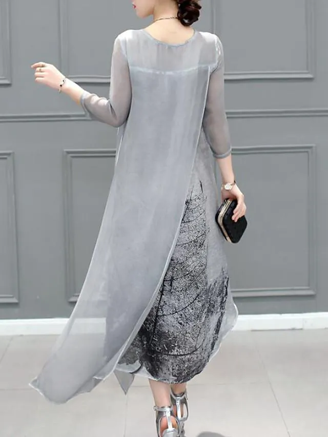 Dunnmall Women's Chiffon Dress Knee Length Dress - 3/4 Length Sleeve Print Layered Summer Plus Size Hot Going out Gray S M L XL XXL 3XL 4XL 5XL