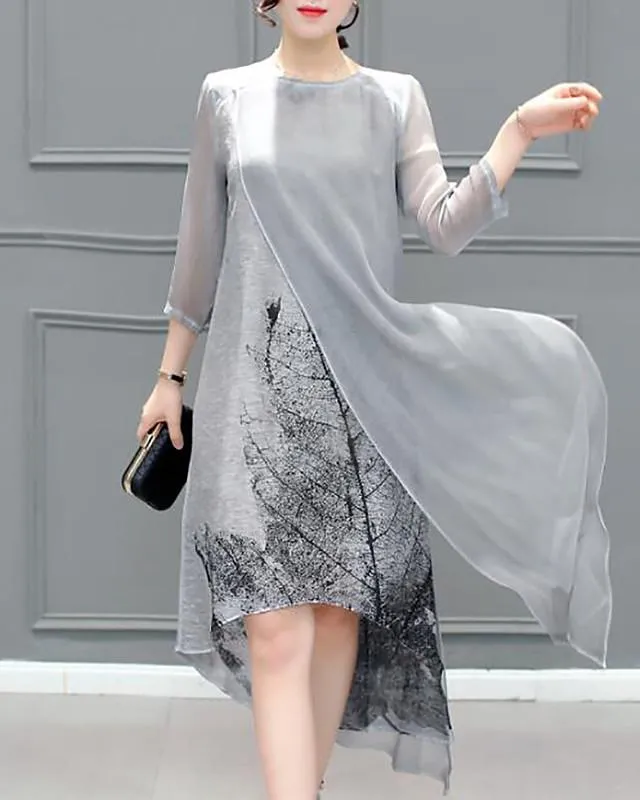 Dunnmall Women's Chiffon Dress Knee Length Dress - 3/4 Length Sleeve Print Layered Summer Plus Size Hot Going out Gray S M L XL XXL 3XL 4XL 5XL