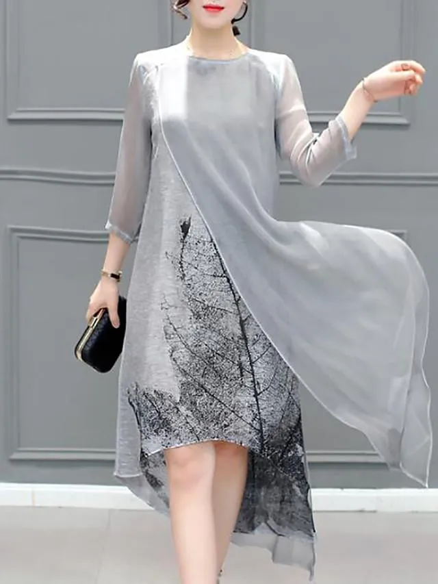 Dunnmall Women's Chiffon Dress Knee Length Dress - 3/4 Length Sleeve Print Layered Summer Plus Size Hot Going out Gray S M L XL XXL 3XL 4XL 5XL