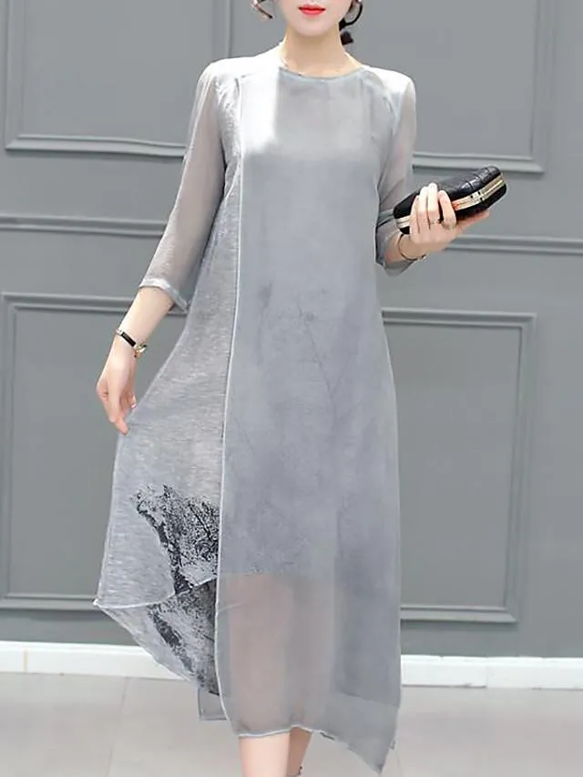 Dunnmall Women's Chiffon Dress Knee Length Dress - 3/4 Length Sleeve Print Layered Summer Plus Size Hot Going out Gray S M L XL XXL 3XL 4XL 5XL