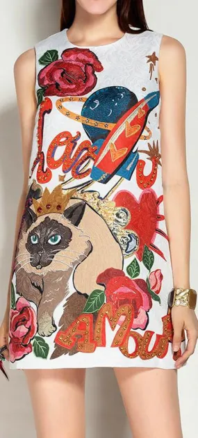 Embellished Cartoon-Print Jacquard Shift Dress