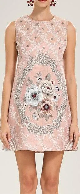 Embroidered Floral Jacquard Shift Dress