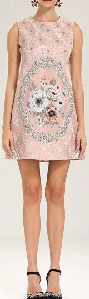 Embroidered Floral Jacquard Shift Dress