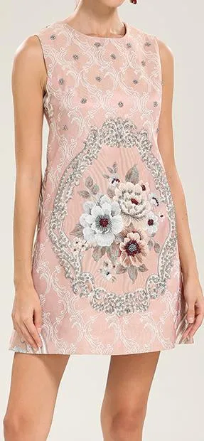 Embroidered Floral Jacquard Shift Dress