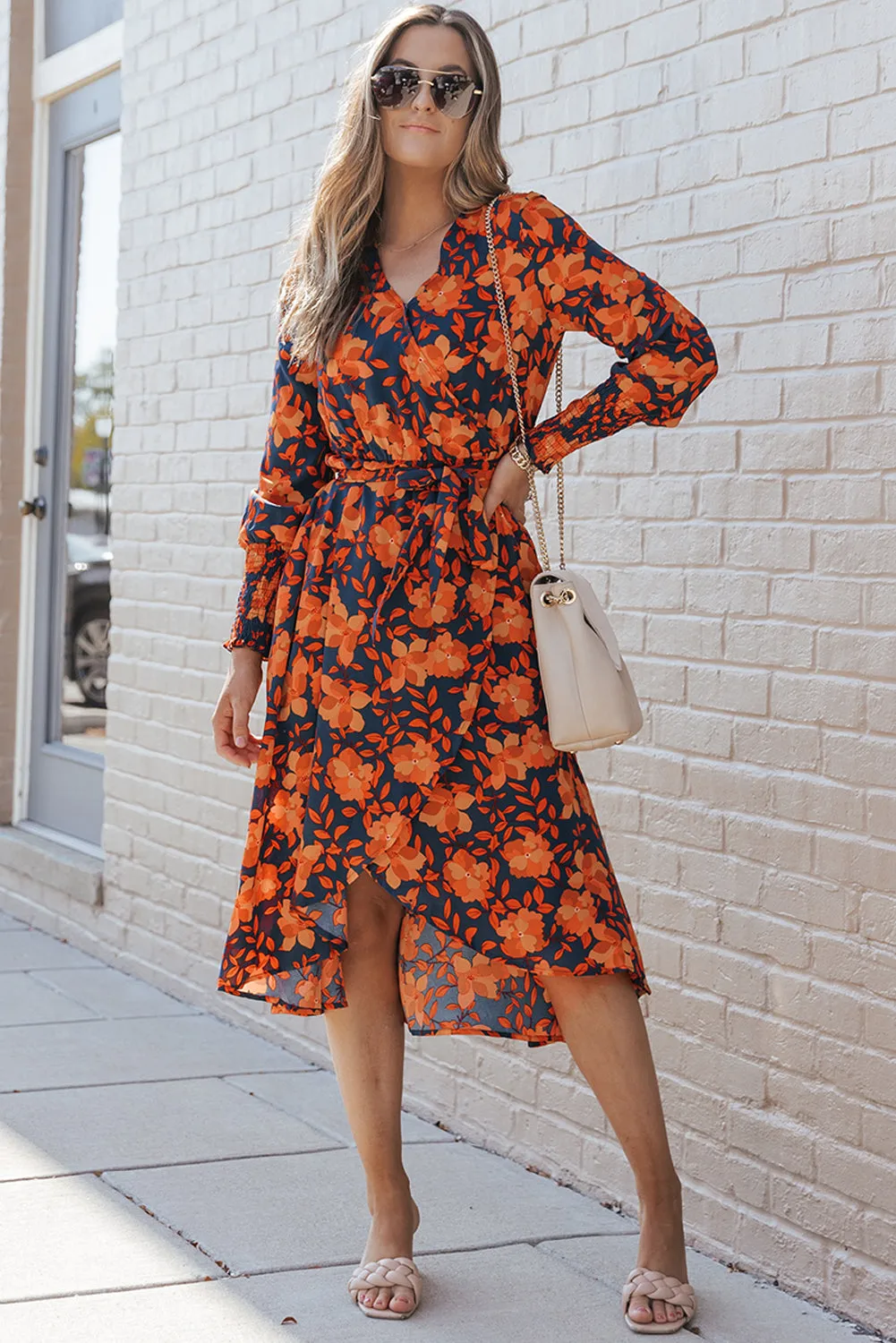 Floral Print Faux Wrap Belted Dresses