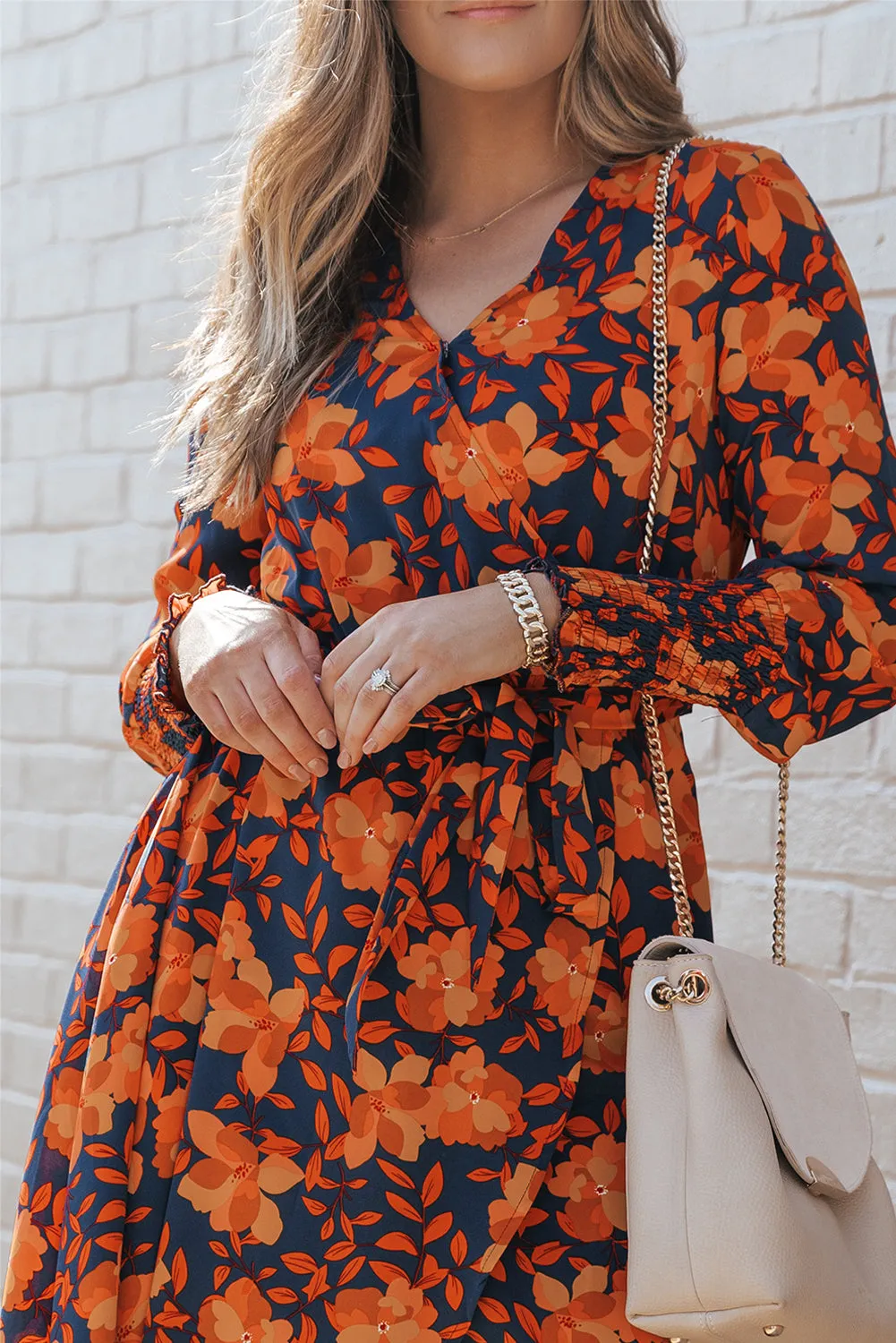 Floral Print Faux Wrap Belted Dresses