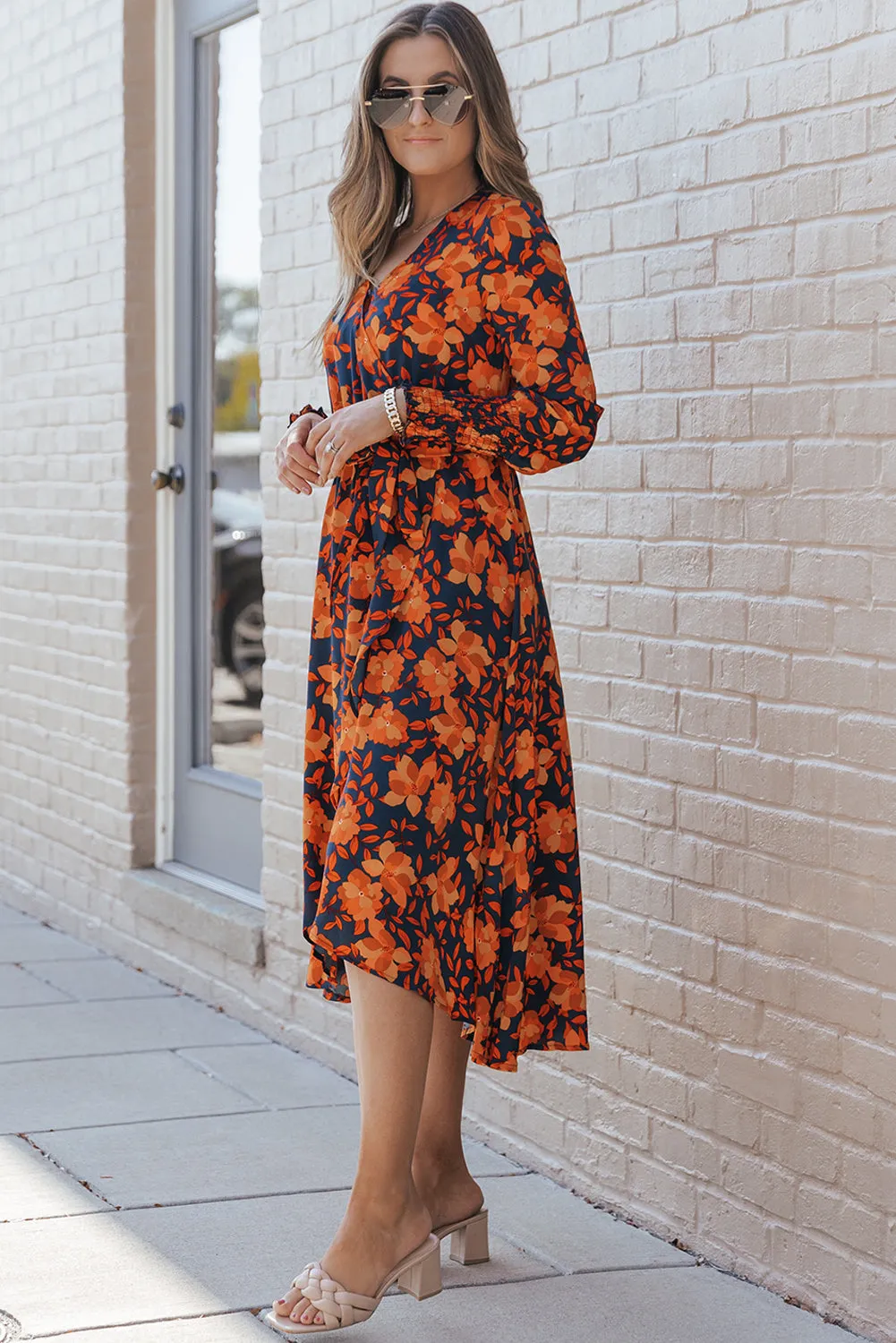 Floral Print Faux Wrap Belted Dresses