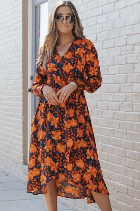 Floral Print Faux Wrap Belted Dresses