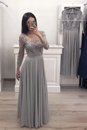 Gray Long Sleeve Chiffon Long Prom Dresses Lace Appliques Bridesmaid Dresses WK895