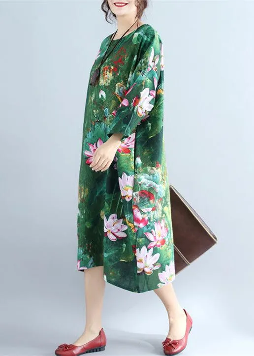 green prints linen shift dresses Loose fitting holiday 2018 wild  long sleeve linen clothing dresses