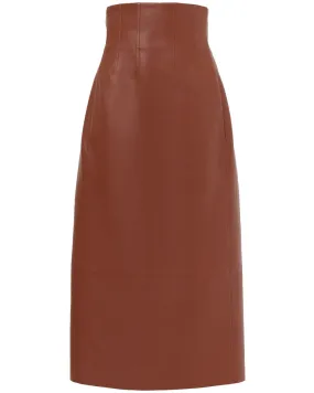 Intense Brown Leather Midi Skirt