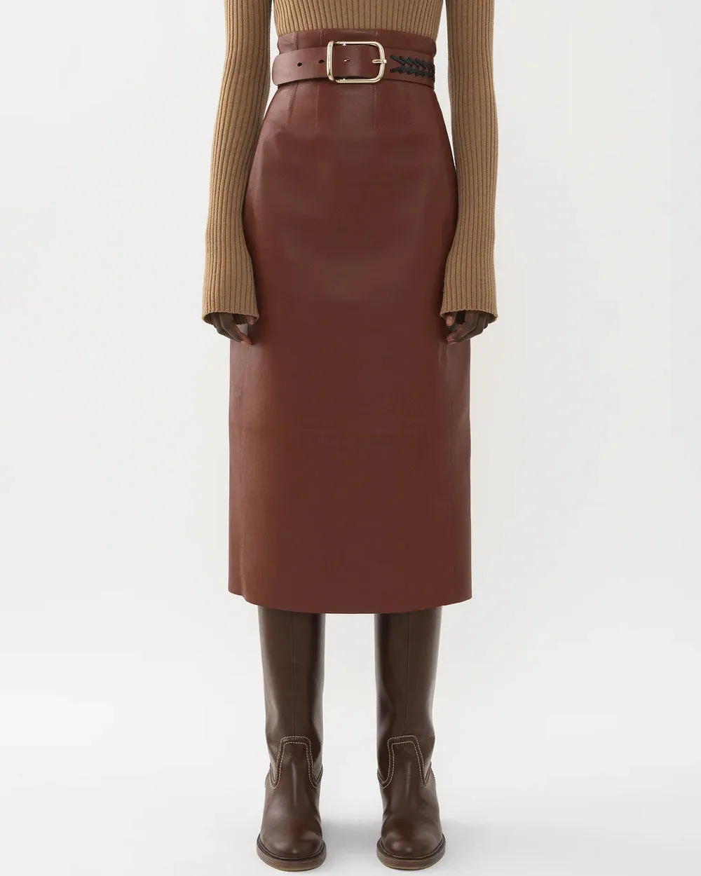 Intense Brown Leather Midi Skirt