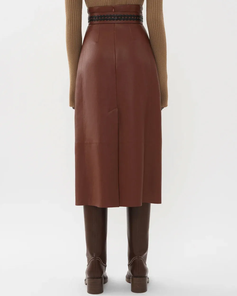 Intense Brown Leather Midi Skirt