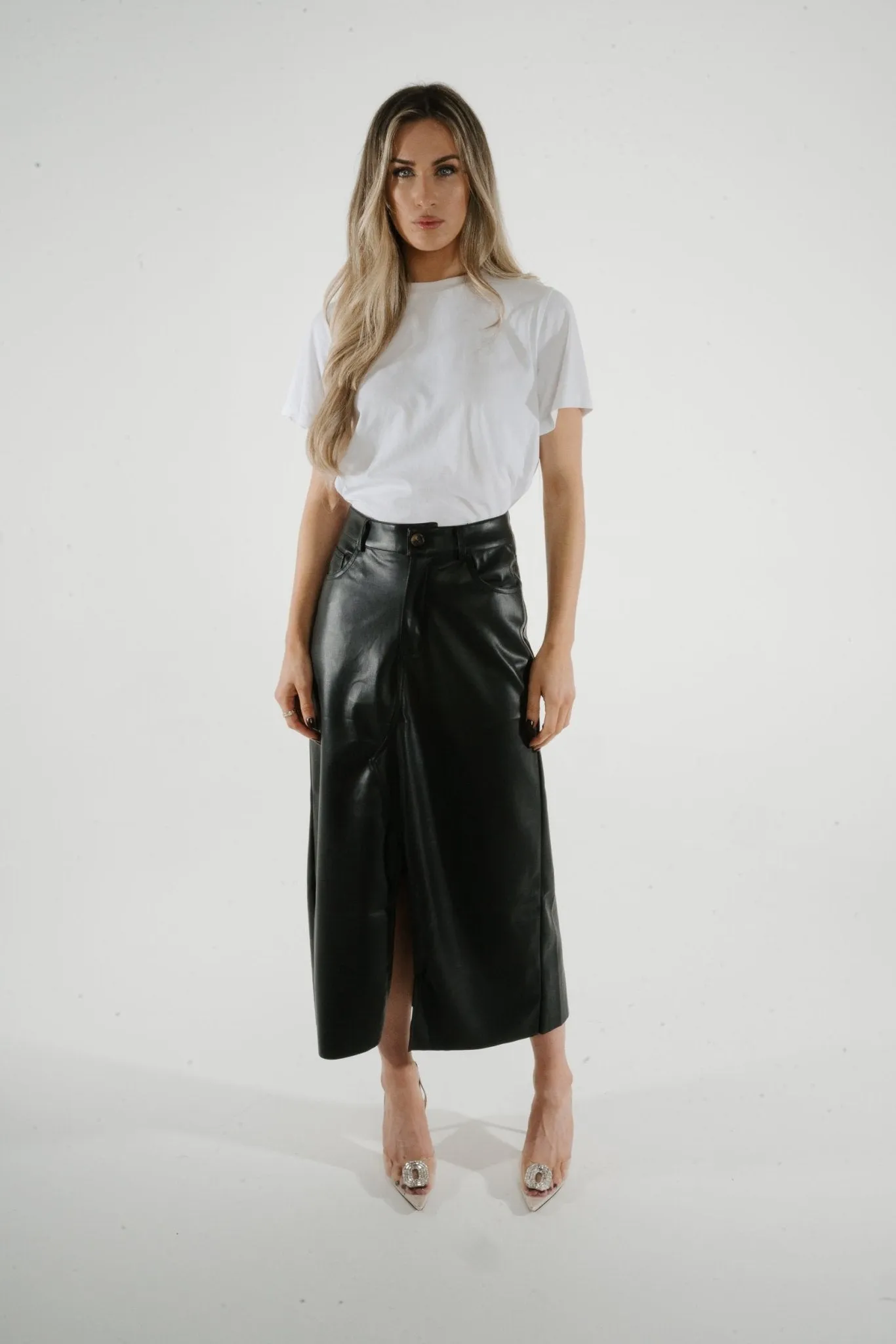 Jane Faux Leather Midi Skirt In Black